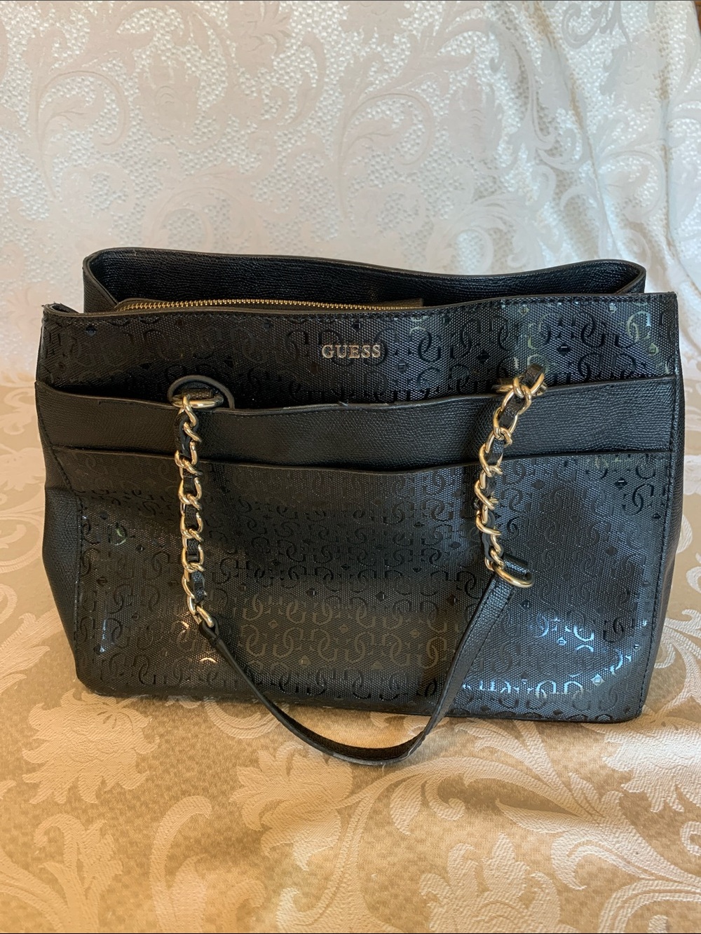 GUESS Black Logo-Print Chain-Strap Tote